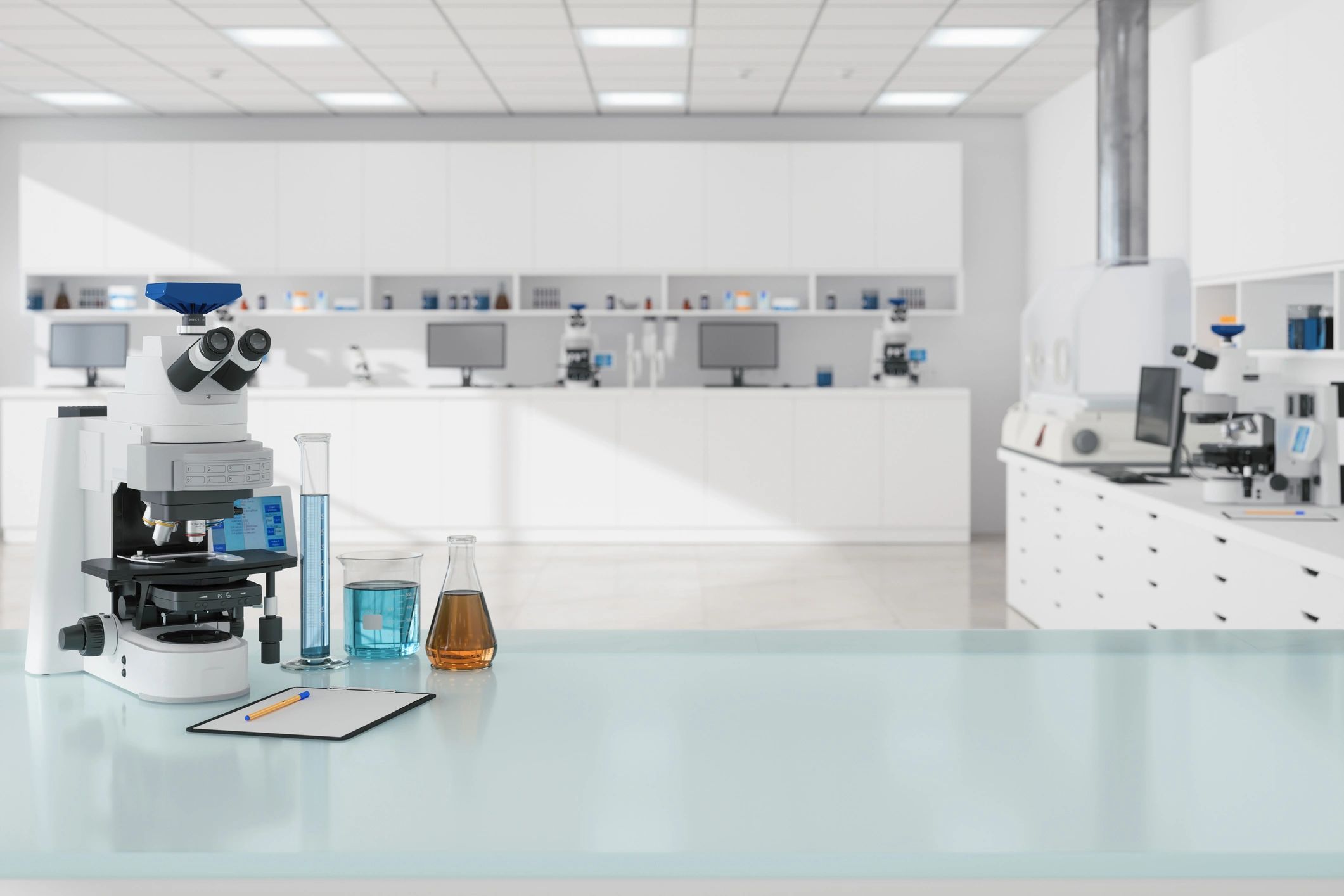 Microscope and lab equipment representing clinical research